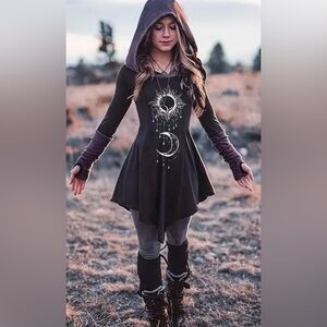 Women’s Gray Hooded Boho Tunic Dress Celestial Goth Renaissance Fairy Medium